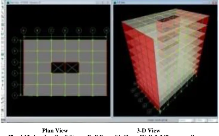 Fig. 4.12 showing G + 9 Storey Building with Shear Wall & Lift core wall Plan View                                              3-D View  