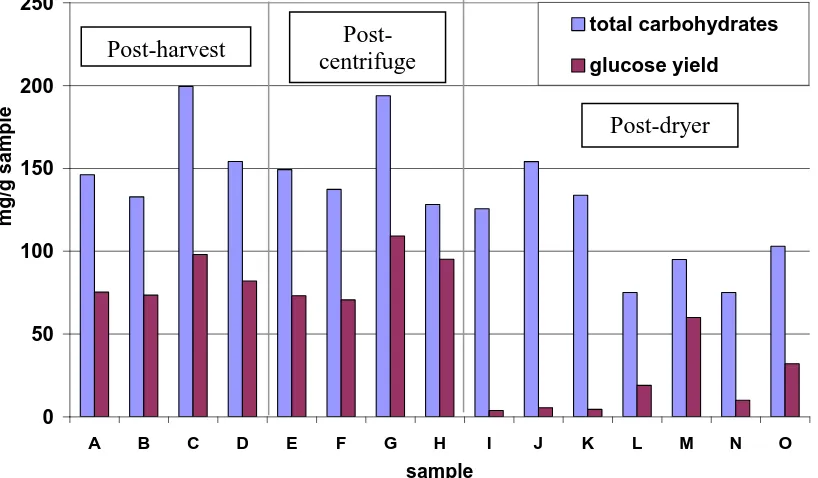 Figure 2. Initial total carbohydrate content of various algae samples and associated 