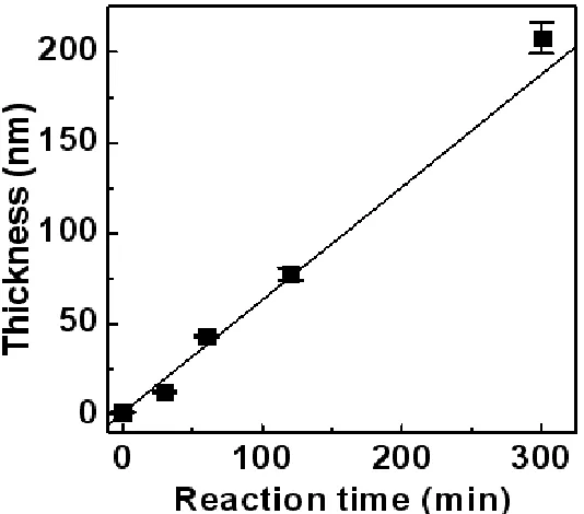 Figure 2.6. A plot of the measured POEGMA film thicknesses on the DNA-coated surfaces as a function of polymerization time