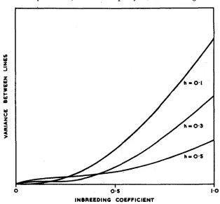 FIGURE 7.-Variance are AA= between lines for a locus with overdominance. Phenotypic values h, Aa=O, aa= 1 and q.=O.l