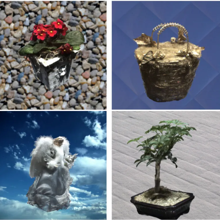 Figure 13: Surface light fields of several objects from new viewpoints. Note the alpha compositing with the textured backgrounds.