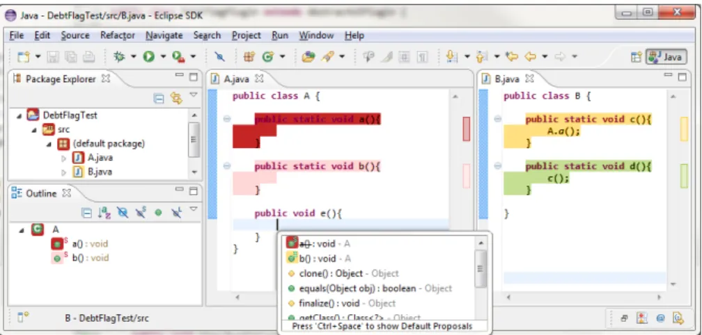 Fig. 1. DebtFlag code highlighting and content-assist cues in the Eclipse IDE [5]