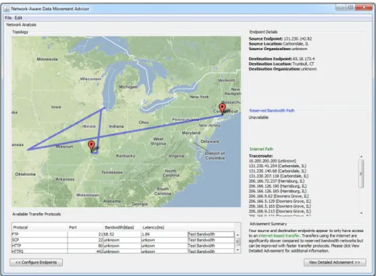 Fig. 6: Google map display for the measured bandwidth, latency as well as the intermediate routers along the Internet path in Case Study I.