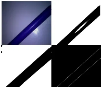 Fig. 6 a.Captured RGB Image  b.Binary Image c.Eroded Image d.Axis of the Pipeline   