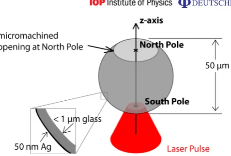 Figure 1. A glass hollow microsphere, with an ∼50 nm silver coating on its1 µm thick wall, is struck by a laser pulse at the ‘south pole’