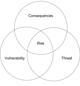 Figure 4.2 A Venn diagram representing the relationship between a vulnerability, the consequence of thevulnerability, and the threat posed by the vulnerability