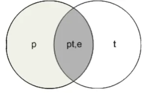 Figure 3.2  Variance attribution diagram for an ‘alternate forms’ administration, with p and t representing, respectively, persons and test forms  