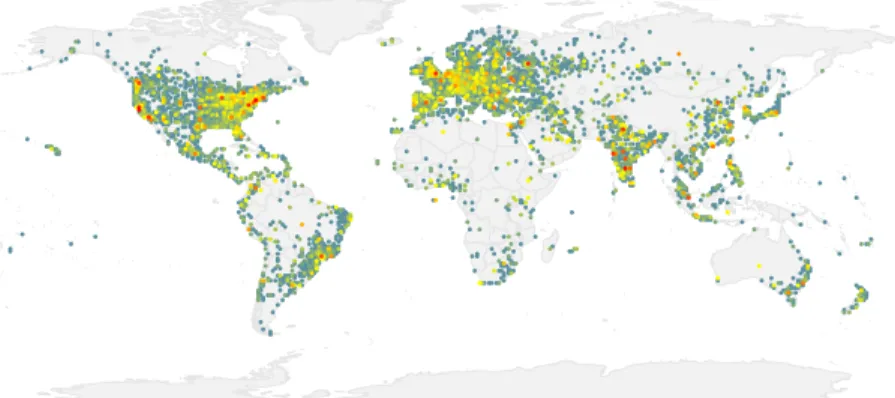 Fig. 1. Geographical location of active (interacted with learning materials) learners averaged over 21 MOOCs with colors representing geographical density of learners in the region