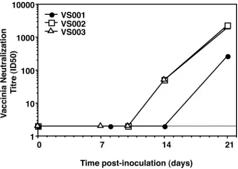 FIG. 7. Appearance of neutralizing antibodies. The titers of vac-cinia virus-speciﬁc neutralizing antibodies, following inoculation, are
