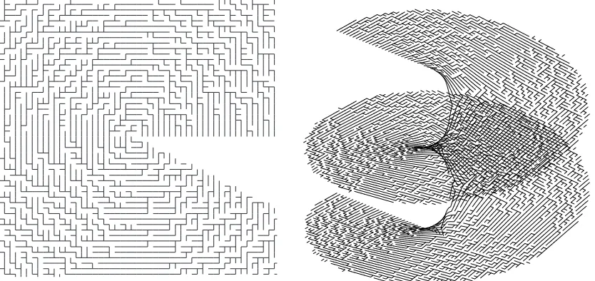 Figure 2: Simulated realizations of the simple harmonic urn percolation model: on a singlesheet of R (left) and on a larger section (right).