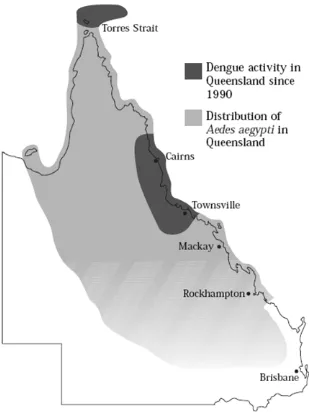 Figure 1.1. A distribution map of Aedes aegypti and dengue activity in Queensland, Australia