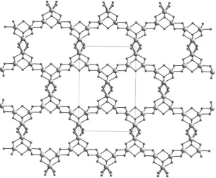 Fig. 4The positively-charged framework of Yb3O(OH)6Cl�2H2O is built up from Yb3+cations shown as larger grey spheres and OH� anions shown as smaller spheres.17