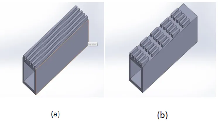 Fig.2.3 shows the 3-D model of rectangular interrupted fin (continuous and interrupted )which are used for analysing by using fluent software in CFD compared the result with respect to rectangular interrupted fin in 2-D