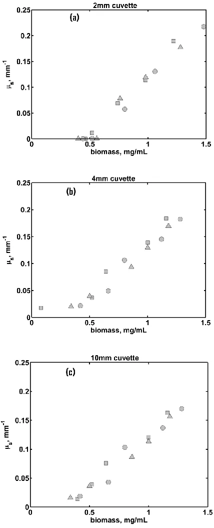 Figure 8. Estimated bulk scattering coefficient at 1050nm during growth phase for three cultivations [run 1, stars, run 2, circles run 3, triangles] versus biomass for different sample thicknesses