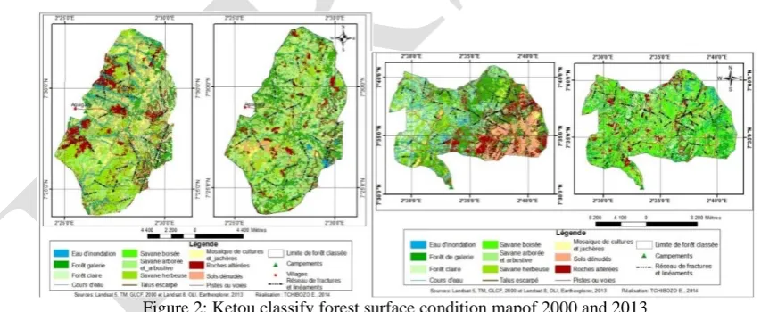 Figure 3: Dogo classified forest surface condition map of 2000 and 2013 Figure 2: Ketou classify forest surface condition mapof 2000 and 2013  
