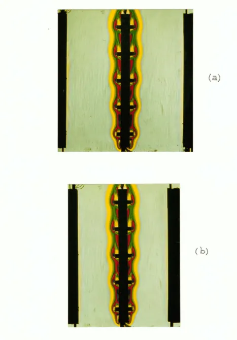 FIGURE 4.24 Colour schlieren images of the rough channel assembly, filter mounted vertically, Ra=l.8·107 : (a) S/H=0.4, (b) S/H=0 