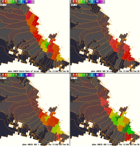 FIG 2.5.  Sample 4 p-panel AMBER BRA and ABR display on D2D with AMBER basins as a map overlay