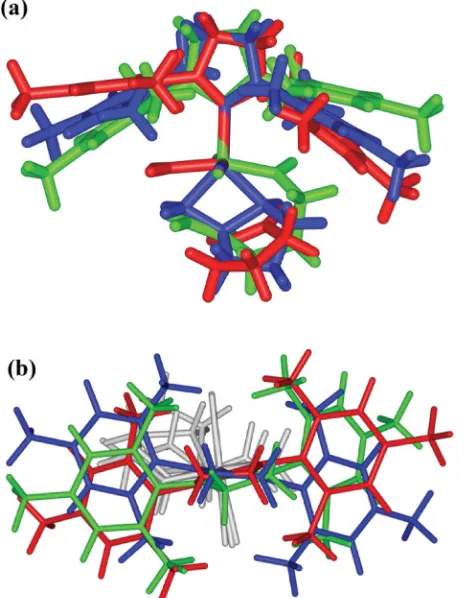 Fig. 11Overlays of DFT-optimised structures (B2 basis) for (a)hare in blue and distances are in Ah2-complex (boat), (b) metallocyclobutane (boat) and (c) product2-complex (half-chair)