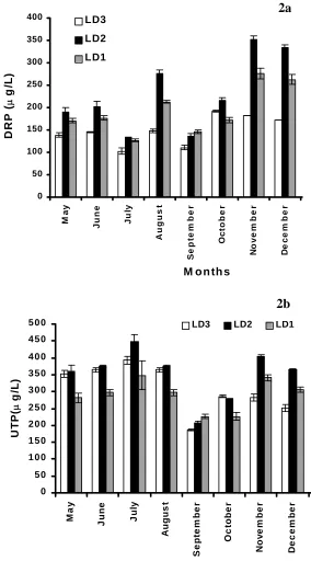 Figure 2. Monthly means for a) dissolved reactive phosphorus (DRP), b) unfiltered total phosphorus (UTP), c) organic phosphorus, and d) particulate phosphorus for the year 2001