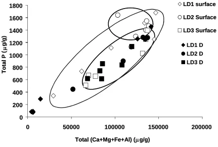 Figure 6. Relationship between sedimentary TP concentrations and the sum of Al, Fe, Ca and Mg