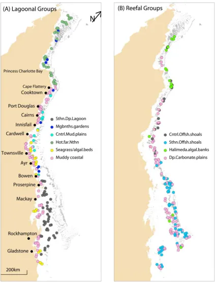 Figure 6.2. The location of BRUVS sites within the ten vertebrate assemblages divided into ‘lagoonal’ 