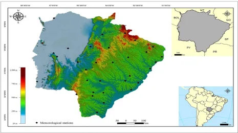 Figure 1. Altimetry map (m) and representation of the meteorological stations used for spatial interpolation of the annual rainfall in the State of Mato Grosso do Sul, Brazil