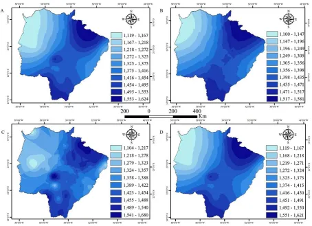 Figure 2. Spatial distribuitions of accumulated annual rainfall (mm year -1) in Mato Grosso do Sul, obtained by ordinary kriging with models: Spherical (A), Gaussian (B), Exponential (C) and Circular (D)