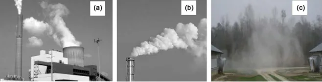 Figure 1. Visual comparison of various emission plumes. (a) Power plant stacks, Source: http://www.epa.gov/airmarkets/participants/monitoring/index.html; (b) Industrial stack; (c) Emission plume from two tunnel ventilated poultry houses (image by Wang-Li)