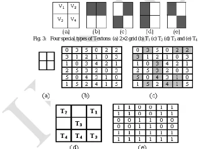 Fig. 3:   Four special types of Textons: (a) 2×2 grid (b) T 1 (c) T2 (d) T3 and (e) T4 