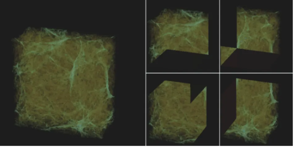 Figure 2 shows an image with con- con-tributions  from  four  renderers.  Each  node  renders  one  quarter  of  the   vol-ume data set and contributes a 256 ×  256 local composited image