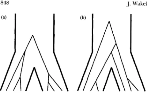 FIGURE 1.-Two sequences from each represent population  boundaries, possible genealogies of a  sample of three of two isolated populations