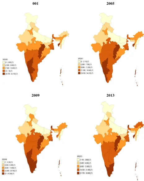 Figure 6: Choropleth maps showing the variations in suicide rates across years 