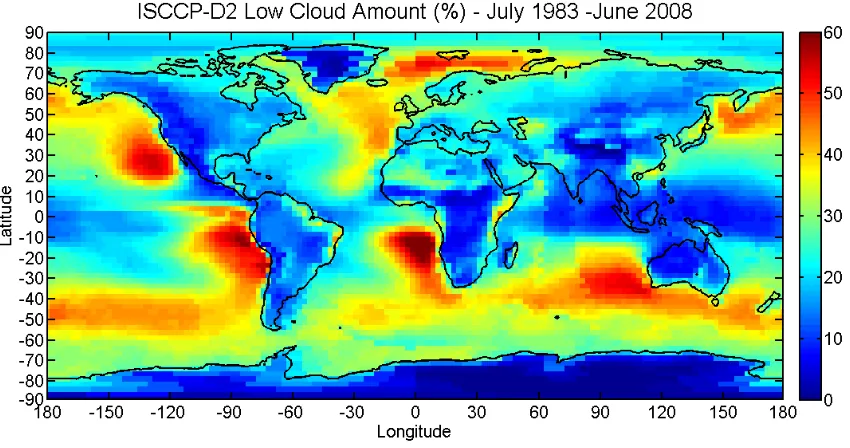 Figure 2.1. Average percent low cloud amount based on monthly ISCCP-D2 visible and 