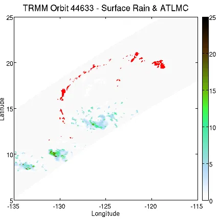 Figure 2.4. Algorithm-identified atypically-thick low marine cloud (red) overlaid on TMI 