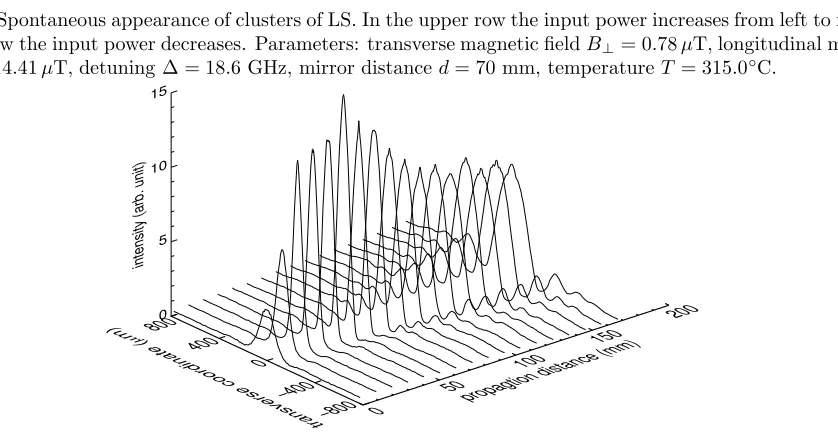 Figure 2. Spontaneous appearance of clusters of LS. In the upper row the input power increases from left to right, inthe lower row the input power decreases