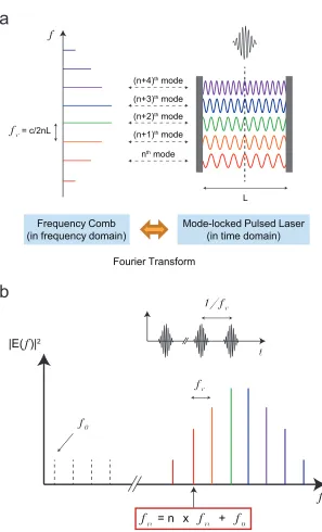 Figure 2.1: Concept of optical frequency combs.relationship between the femtosecond mode-locked laser and the optical frequency comb.(b) Schematic diagram showing a frequency comb as a frequency ruler