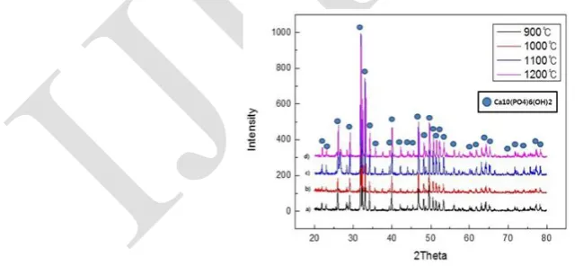Fig. 9 shows the XRD patterns of the sintered materials for different temperature. It shows that there is no secondary phase except Ca10(PO4)6(OH)2 same as in the initial powder