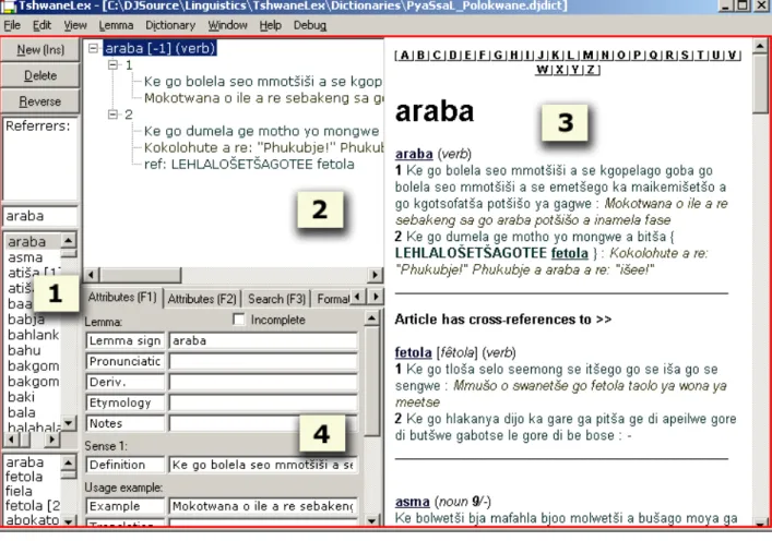 Figure 1: TshwaneLex screenshot showing the four main editing windows 