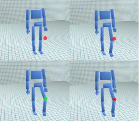 Figure 1. Virtual target-based knee lift exercise. Clockwise from top left: user lifts knee to reach red target, which turns green upon contact