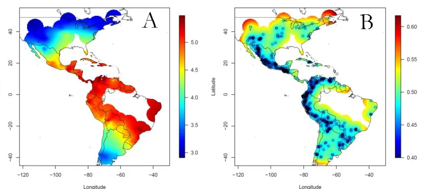 Figure 2.5A-B 2.5A shows predicted GLS scores of BC 1 F1s with possible donor parents from locations across the Americas; 2.5B shows the standard errors of the estimates  