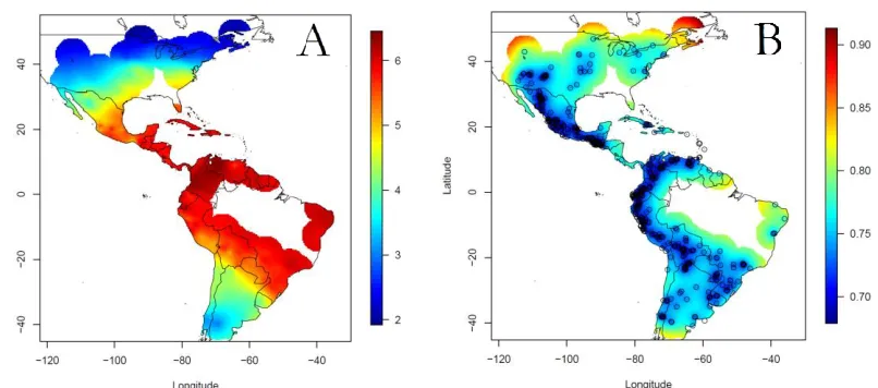 Figure 2.6A-B 2.6A shows predicted NLB scores of BC1 F1s with possible donor parents from  locations across the Americas; 2.6B shows the standard errors of the estimates    