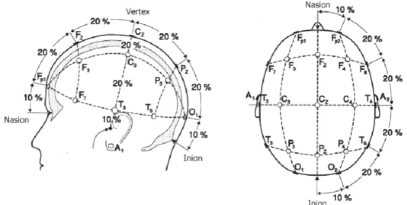 Figure 2.8 : The 10-20 international electrode system for the placement of electrodes at the head surface [Sanei and Chambers, 2007]