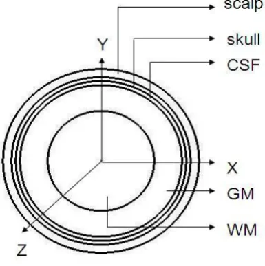 Figure 3.1: A five-layered spherical head model. 