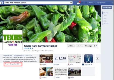 Figure 2. Header of Cedar Park Farmers Market’s Facebook Page (Captured on December 22, 2013)