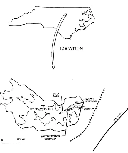 Figure 1. The location and drainage basin of Durant Reservoir in North Carolina. 