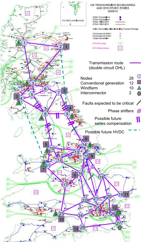 Figure 2: proposed 28-bus test network model based on GB system. (Background image from [3])  