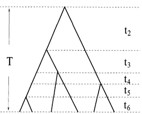 FIGURE + T of + of the genealogy is L = of 2t2 + a  sample six sequences. 1.-An example + - the genealogy of T = * and  the total time length * 6k