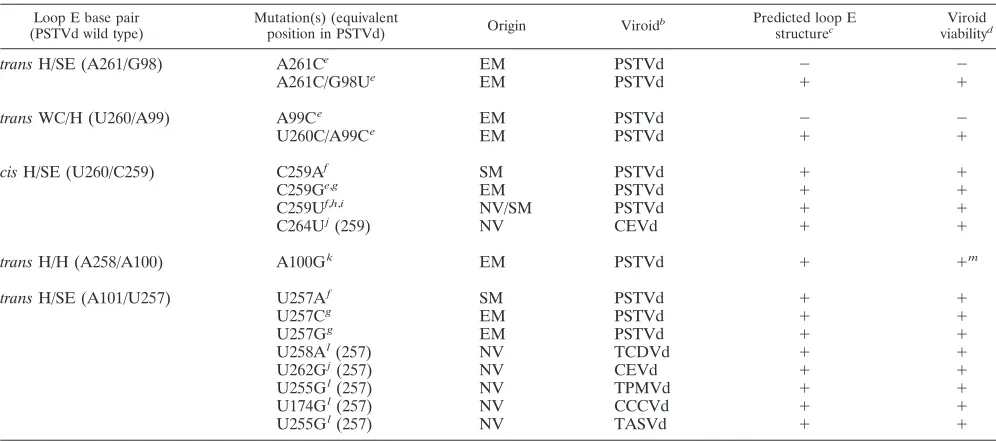 TABLE 1. Effects of nucleotide sequence variations on the predicted structure of loop E motifs and the viability of viroidsa