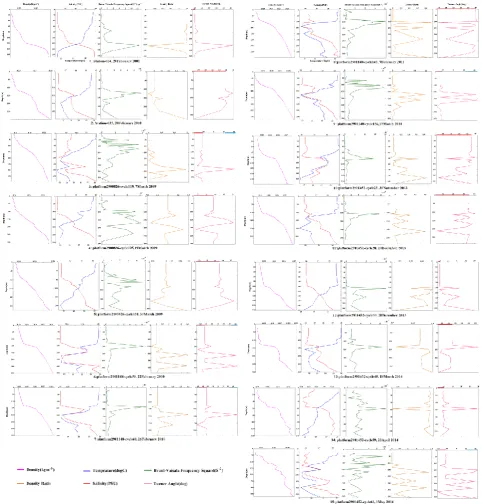 Fig. 4: The seawater temperature, salinity, density and buoyancy frequency, density ratio, Turner angle changes versus depth at stations 34 and 35 from R-V Knorr 2001 and from cycles 119, 125 and 131 in 2009, cycles 59 and 60 in 2010, cycles 147 and 156 in