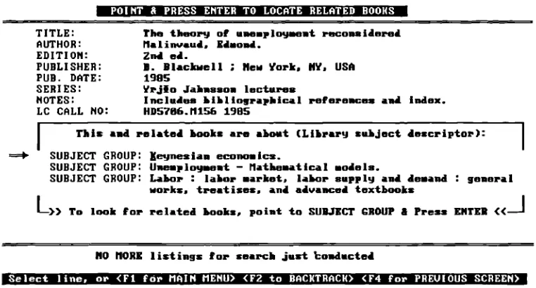 Figure 3.6 Experimental Online Catalogue "Thesaurus" Display